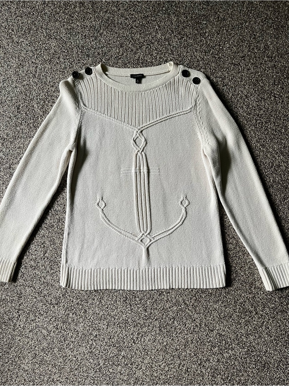 Talbots Cream Crewneck Sweater with Button-Shoulder Detail
